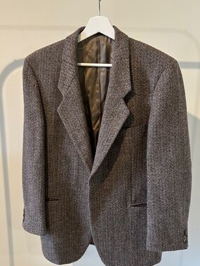 Daniel Hechter Paris France Brown Wool Tweed Herringbone Breasted Blazer Mens 40